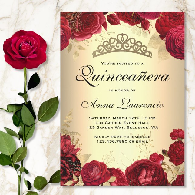 Red Roses Gold Quinceanera Invitation (Creator Uploaded)