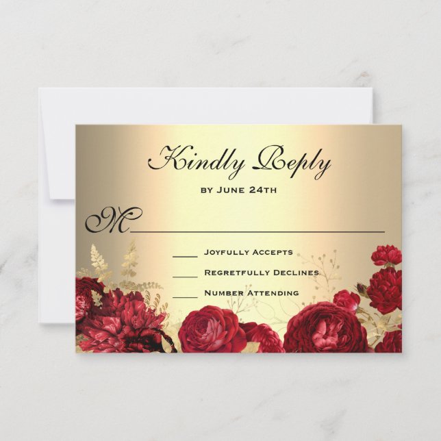 Red Roses Gold RSVP Card (Front)