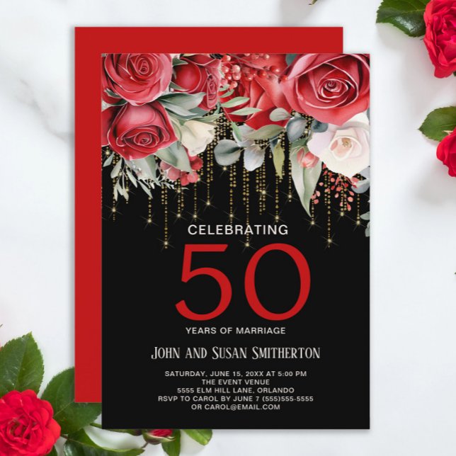 Red Roses Gold String Light Black 50th Anniversary Invitation (Elegant red roses and gold curtain string lights on black 50th wedding anniversary invitation)