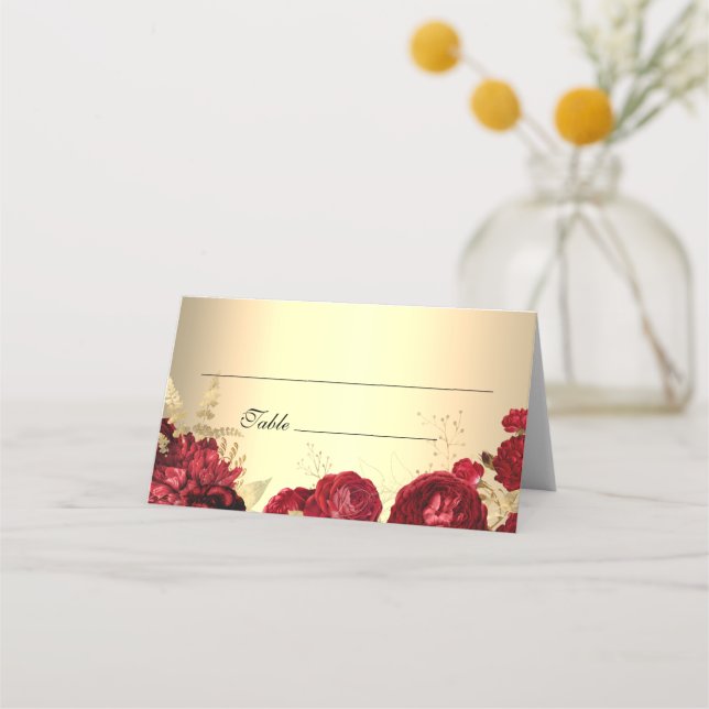 Red Roses Gold Table Number Place Card (Front)