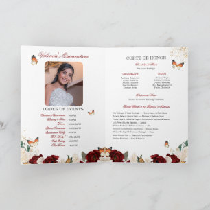 Red Roses Gold Tiara Butterfly Quinceanera Programme