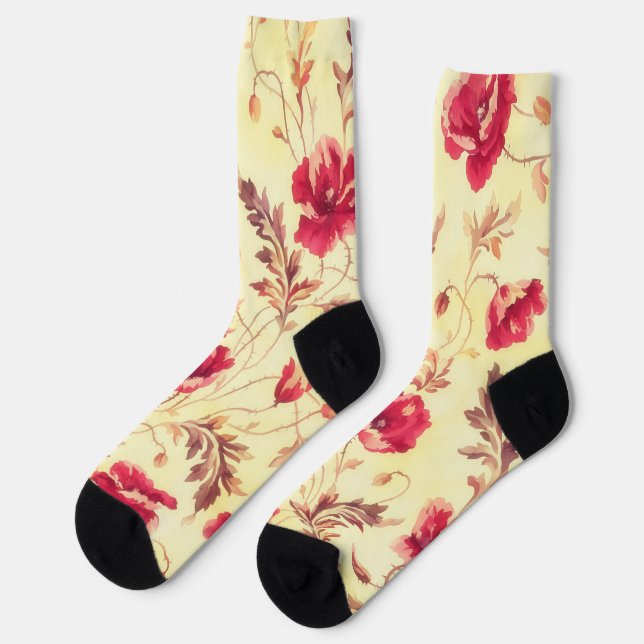 Red Roses Gold Vintage Style Floral Socks (Left)