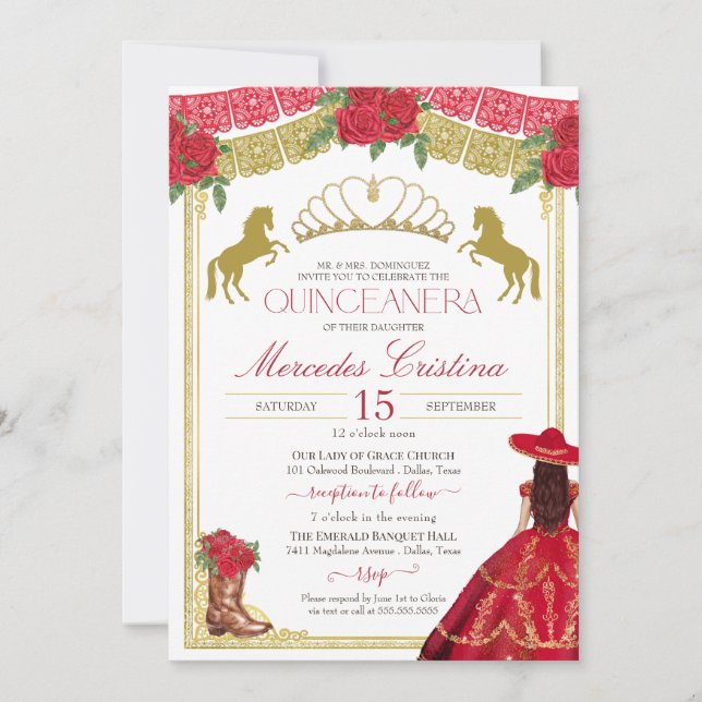 Red Roses & Gold Western Charro Dress Quinceañera Invitation (Front)