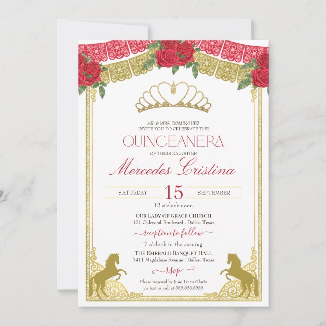 Red Roses & Gold Western Charro Horses Quinceañera Invitation (Front)