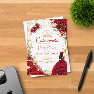 Red Roses Golden Butterflies Quinceañera Acrylic Invitations