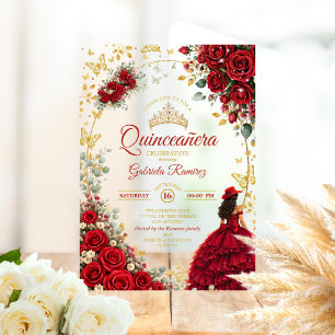 Red Roses Golden Butterflies Quinceañera Acrylic Invitations