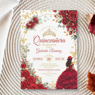 Red Roses Golden Butterflies Quinceañera Invitation