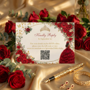  Red Roses Golden Butterflies Quinceañera RSVP Card