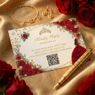  Red Roses Golden Butterflies Quinceañera RSVP Card