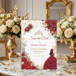 Red Roses Golden Butterflies Quinceañera Save The Date