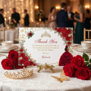Red Roses Golden Butterflies Quinceañera Thank You Card
