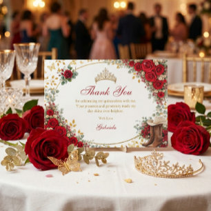 Red Roses Golden Butterflies Quinceañera Thank You Card