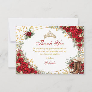 Red Roses Golden Butterflies Quinceañera Thank You Card