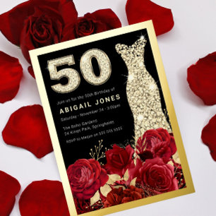 Red Roses Golden Dress 50th Birthday Party Gold