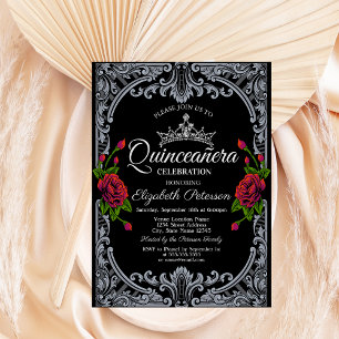 Red Roses Gothic Black Stripes Quinceañera  Invitation