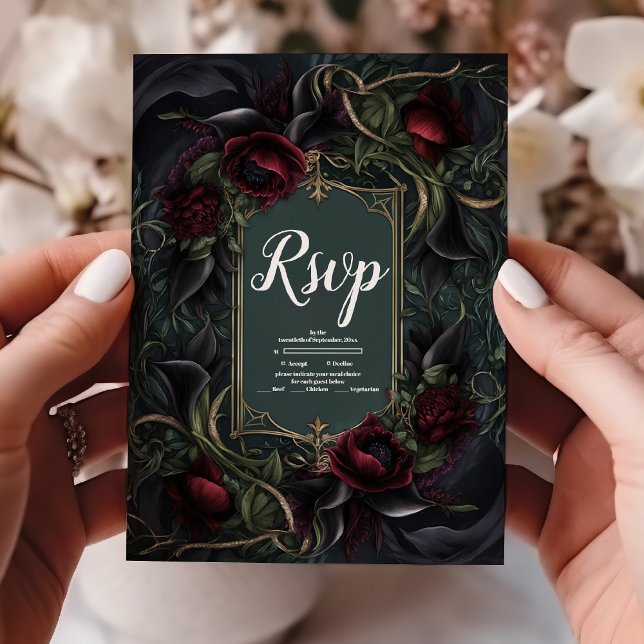 Red Roses Gothic Halloween Wedding RSVP Card (Creator Uploaded)