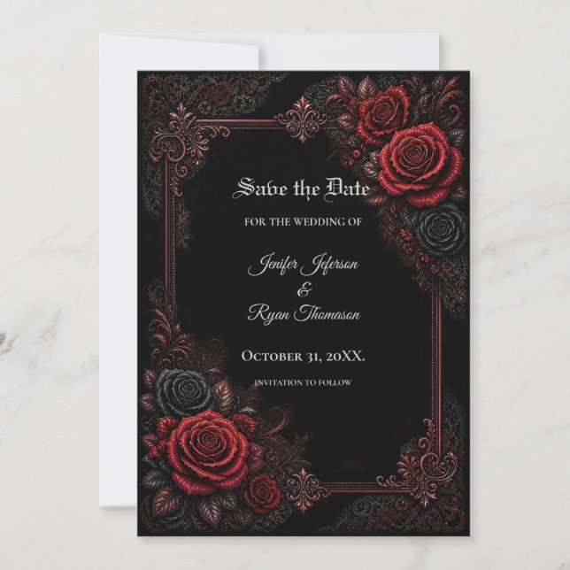 Red Roses Gothic Save the date invitation (Front)