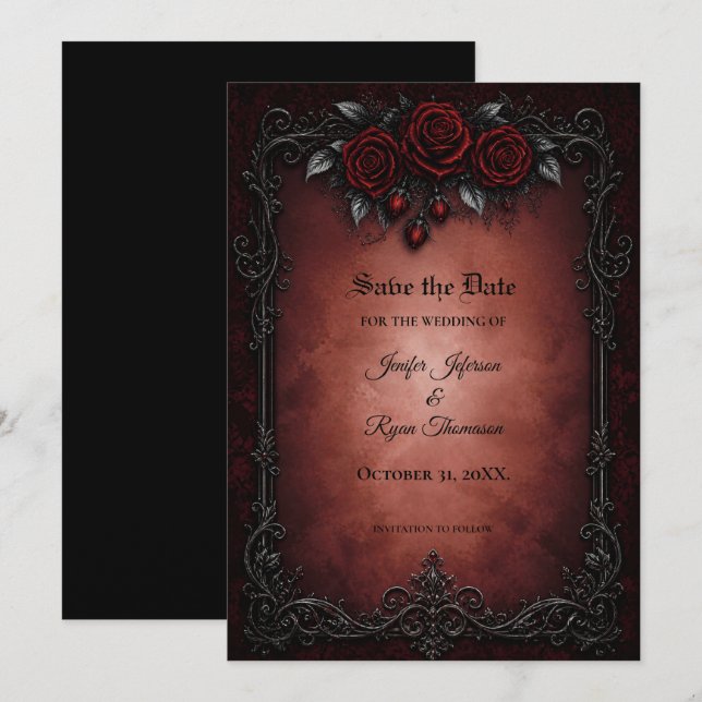 Red Roses Gothic Save the date invitation (Front/Back)