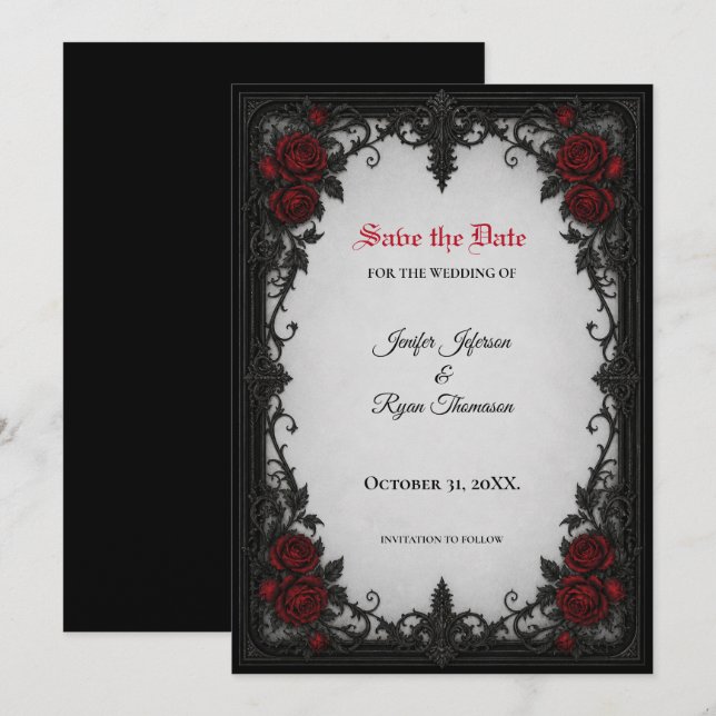 Red Roses Gothic Save the date invitation (Front/Back)