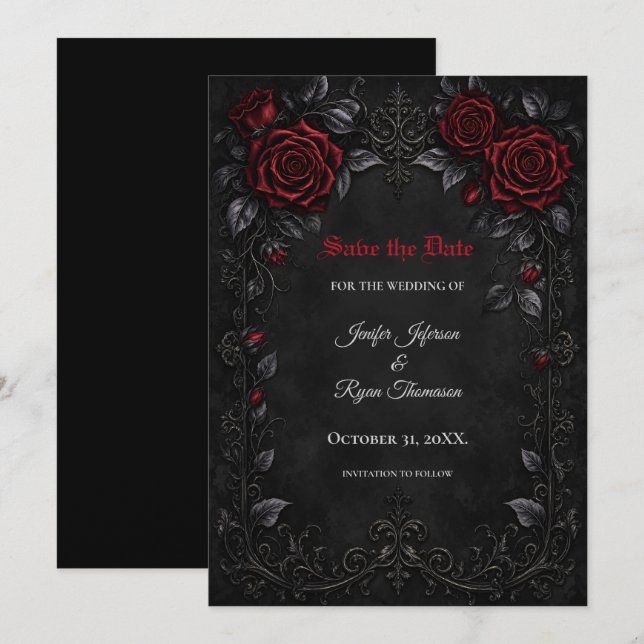Red Roses Gothic Save the date invitation (Front/Back)