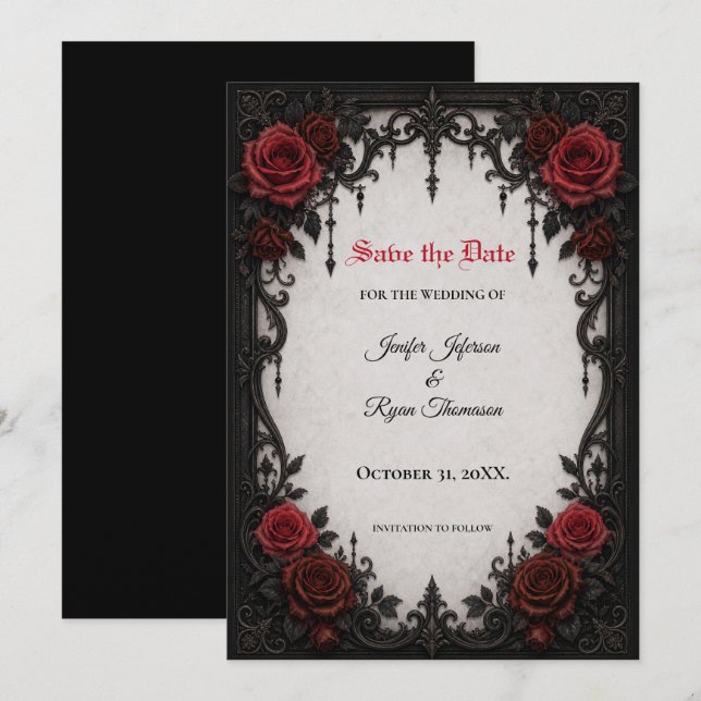 Red Roses Gothic Save the date invitation (Front/Back)