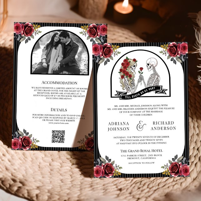 Red Roses Gothic Skeleton Couple QR Code Wedding Invitation (Creator Uploaded)
