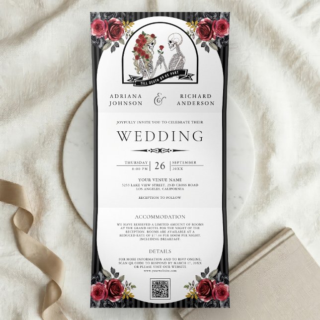 Red Roses Gothic Skeleton Couple QR Code Wedding Tri-Fold Invitation (Creator Uploaded)