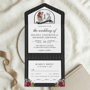 Red Roses Gothic Skeleton Couple Wedding All In One Invitation
