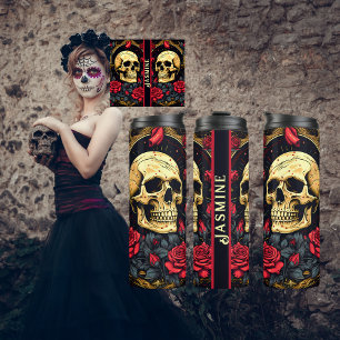 Red Roses Gothic Skull Halloween Yoga Thermal Tumbler