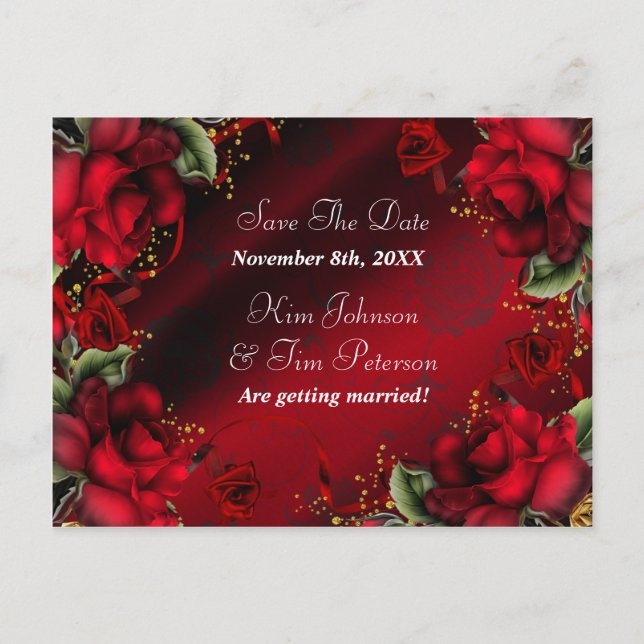 Red Roses Gothic Wedding Postcard Save The Date (Front)