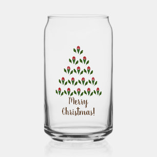 Red Roses & Green Holly Christmas Tree Christmas Can Glass