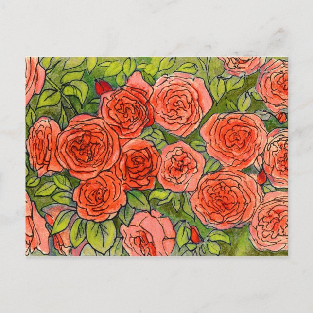 Red Roses, Green Leaves Rose Garden Floral Sketch Postcard (Front)