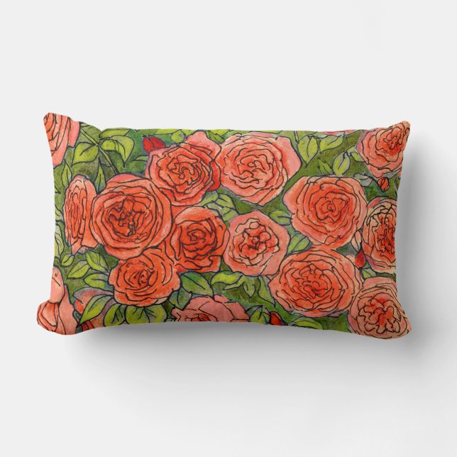 Red  Roses, Green Leaves Rose Garden Summer Flower Lumbar Cushion (Front)