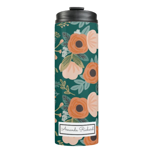 Red Roses Green Whimsical Pattern Thermal Tumbler (Front)