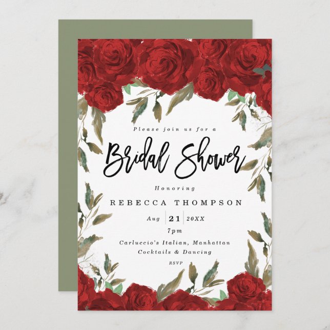 red roses & greenery boho modern bridal shower invitation (Front/Back)