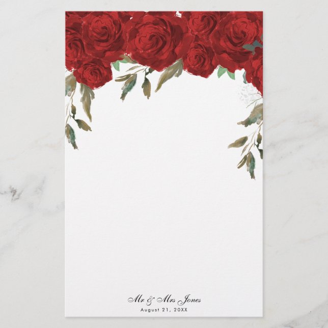 Red roses greenery wedding notepaper stationery (Front)