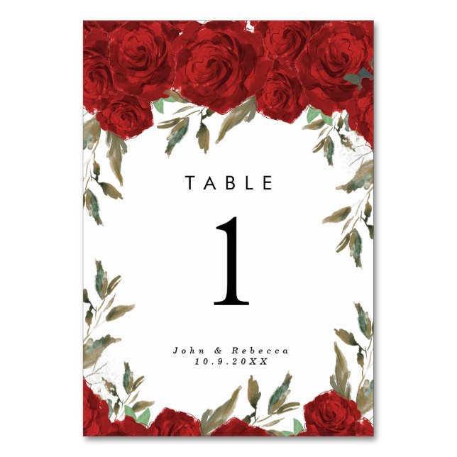 red roses greenery wedding table number card (Front)