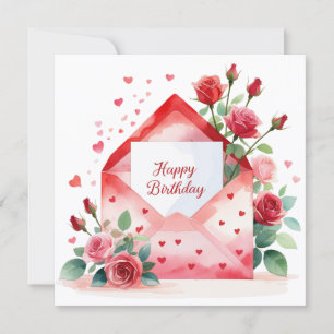 Red roses & Happy birthday. Holiday Card