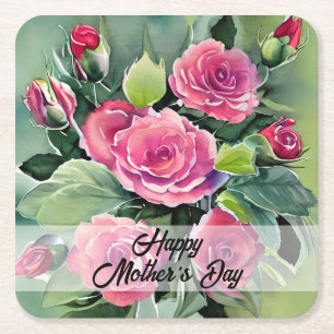 Red Roses Happy Mother's Day  Square Paper Coaster