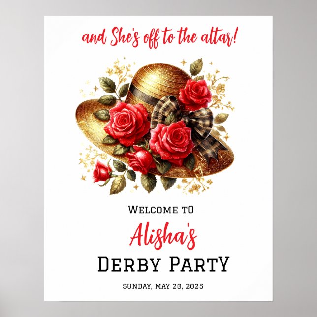 Red Roses Hat Derby Bridal Shower Welcome Poster (Front)