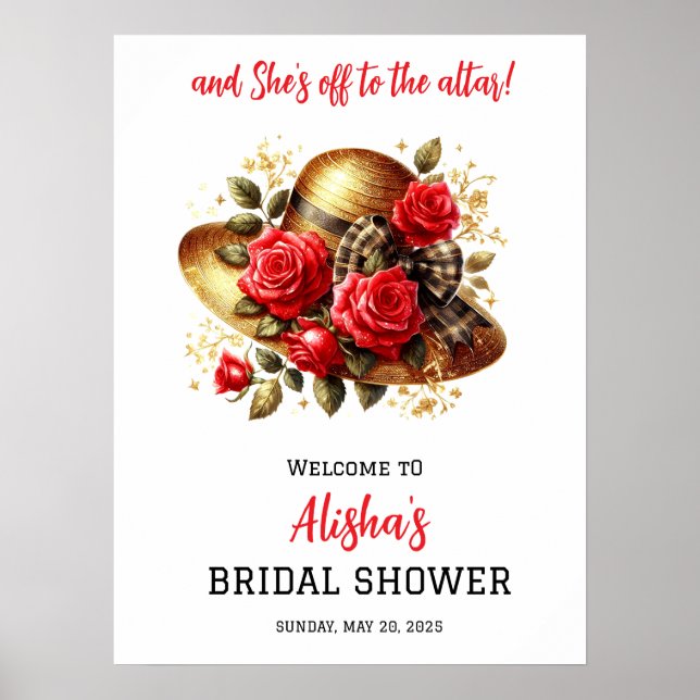 Red Roses Hat Derby Bridal Shower Welcome Poster (Front)