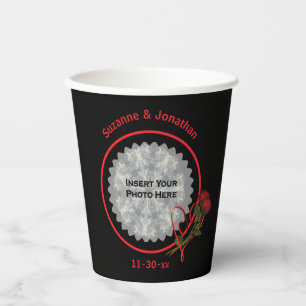Red Roses Heart Black Personalised Wedding Photo Paper Cups