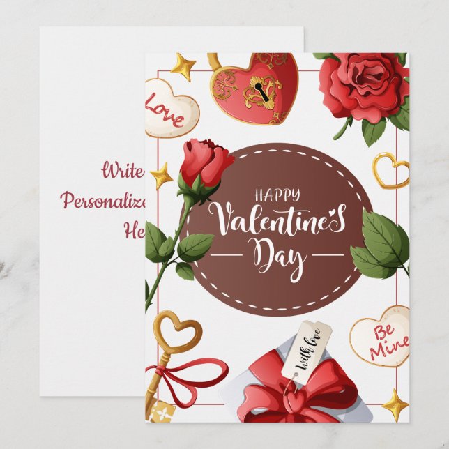 Red Roses & Heart Lock Frame Style Victorian Holiday Card (Front/Back)