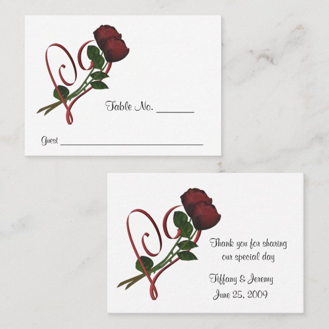 Red Roses Heart Wedding Personalised Place Card (Front/Back)