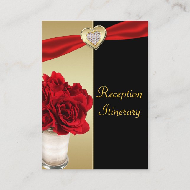 Red Roses & Hearts, Gold & Black Wedding Enclosure Card (Front)