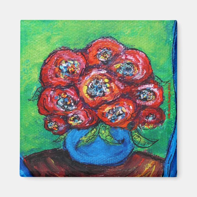 Red Roses in Blue Vase Magnet (Front)