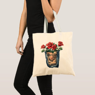 Red Roses in Pocket Tote Bag
