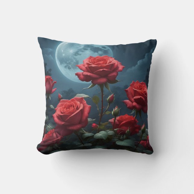 Red Roses in the Moonlight Throw Pillow (Front)