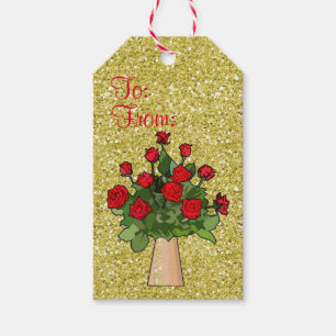 Red Roses in Vase Gold Faux Glitter Gift Tags