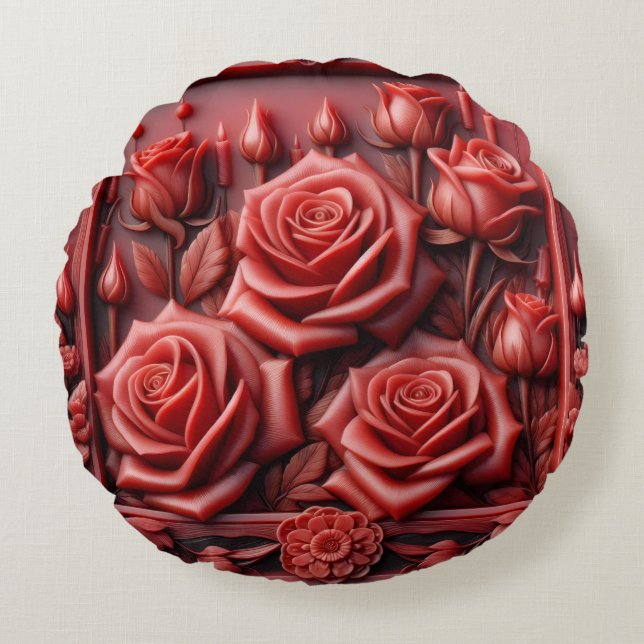 "Red roses in Wax design" Round Cushion (Front)